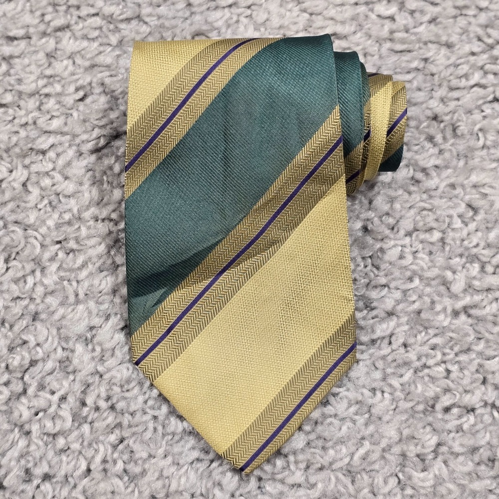 Canali Mens Italian‎ Striped Silk Tie Green Gold Luxury Business Classic